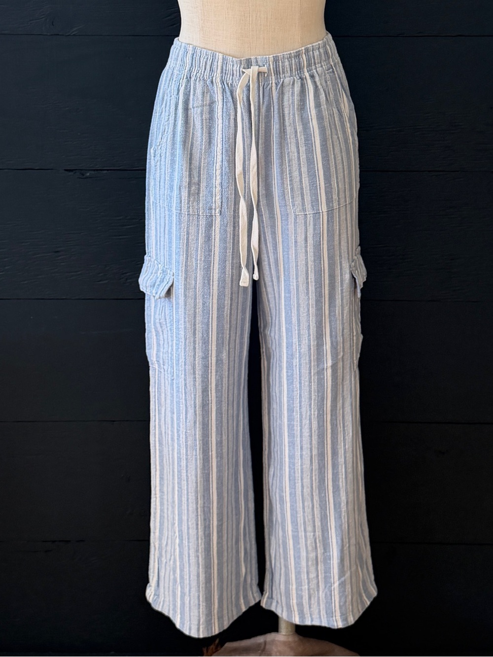 Roxy Light Blue Stripe Linen Cargo Pants Wide Leg S